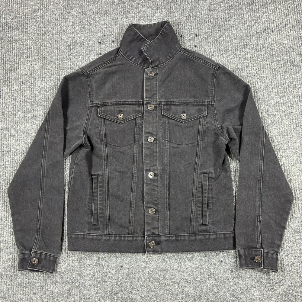 Brooklyn Cloth Mens Small Black Washed Denim Trucker Jacket High Collar